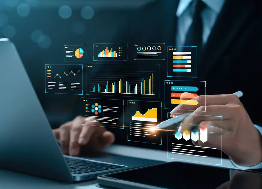 An analytics dashboard rendered over a network of connected data points