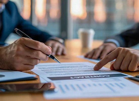Two people reviewing and signing a contract document